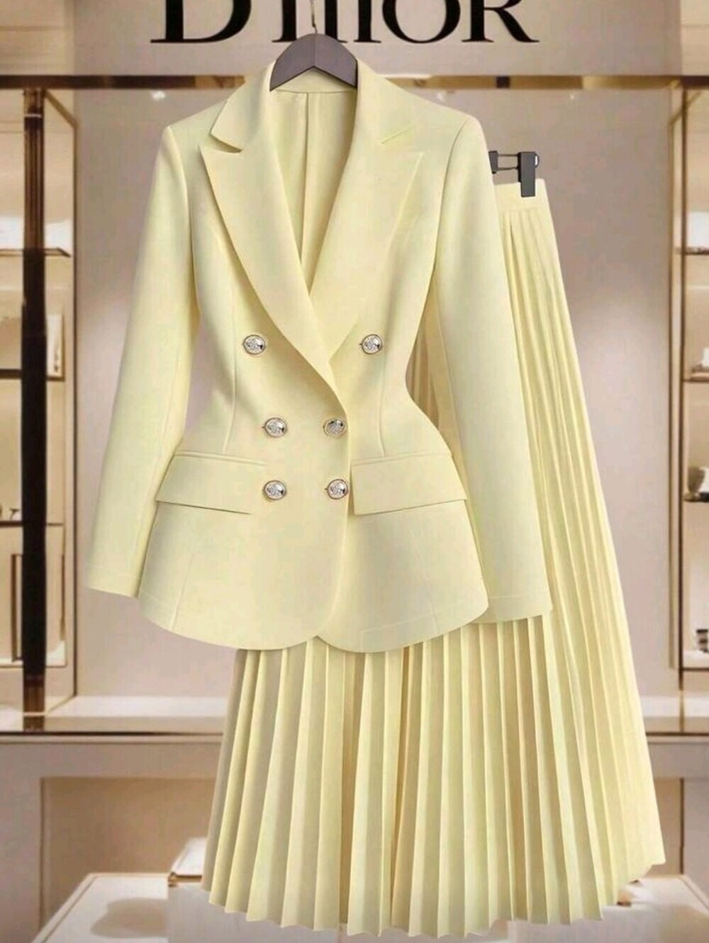 Women's Gold Button Decor Blazer + Pleated Skirt Elegant Everyday Commute